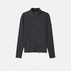 Ribbed Mock-Neck Zip Knit Top