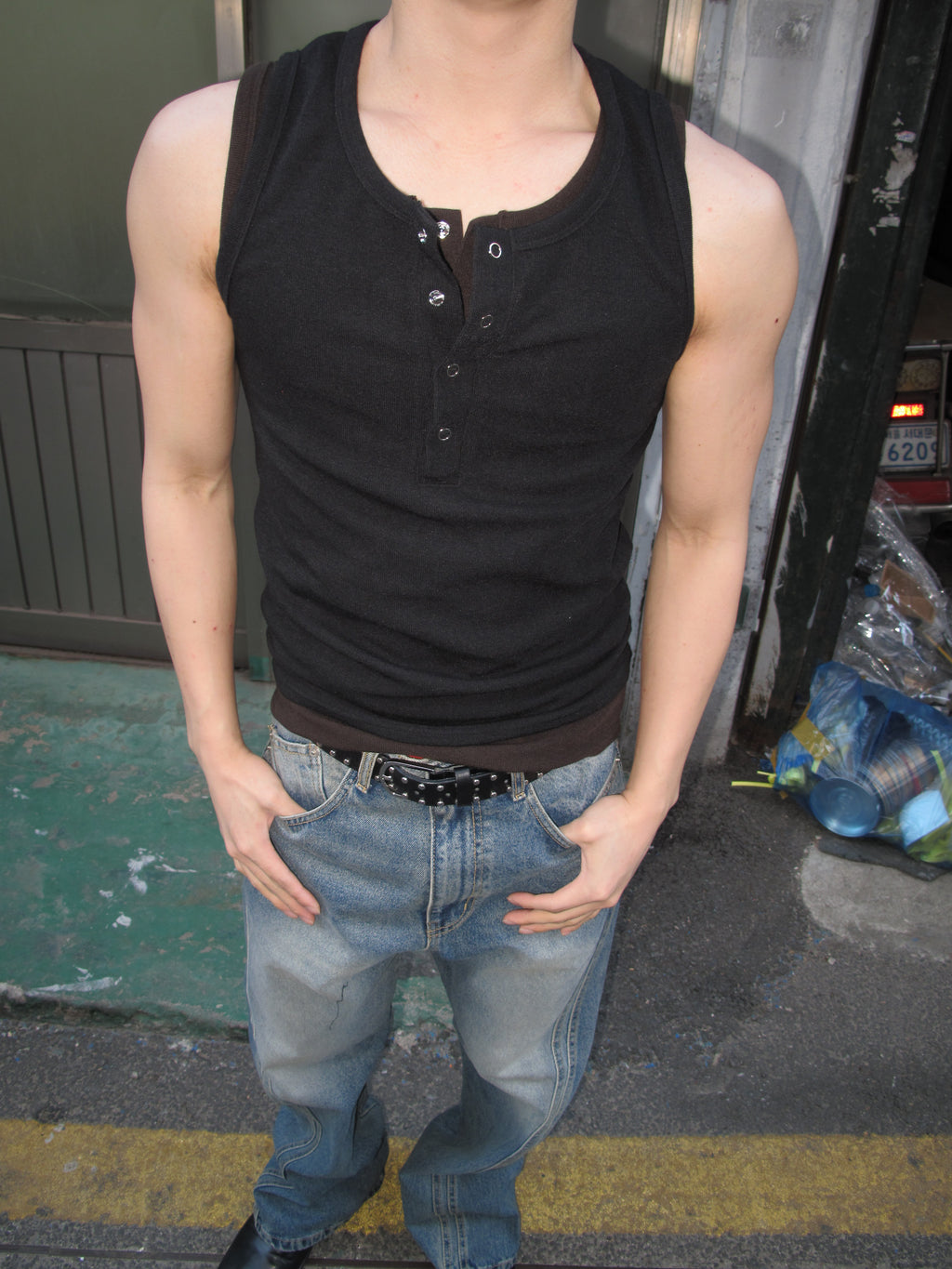 Ring-Button Henley Tank Top