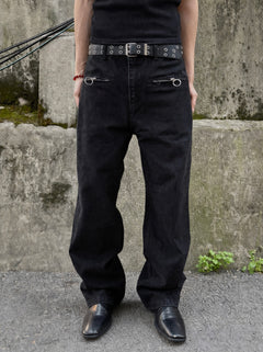 Ring-Zip Black Wide Denim Pants