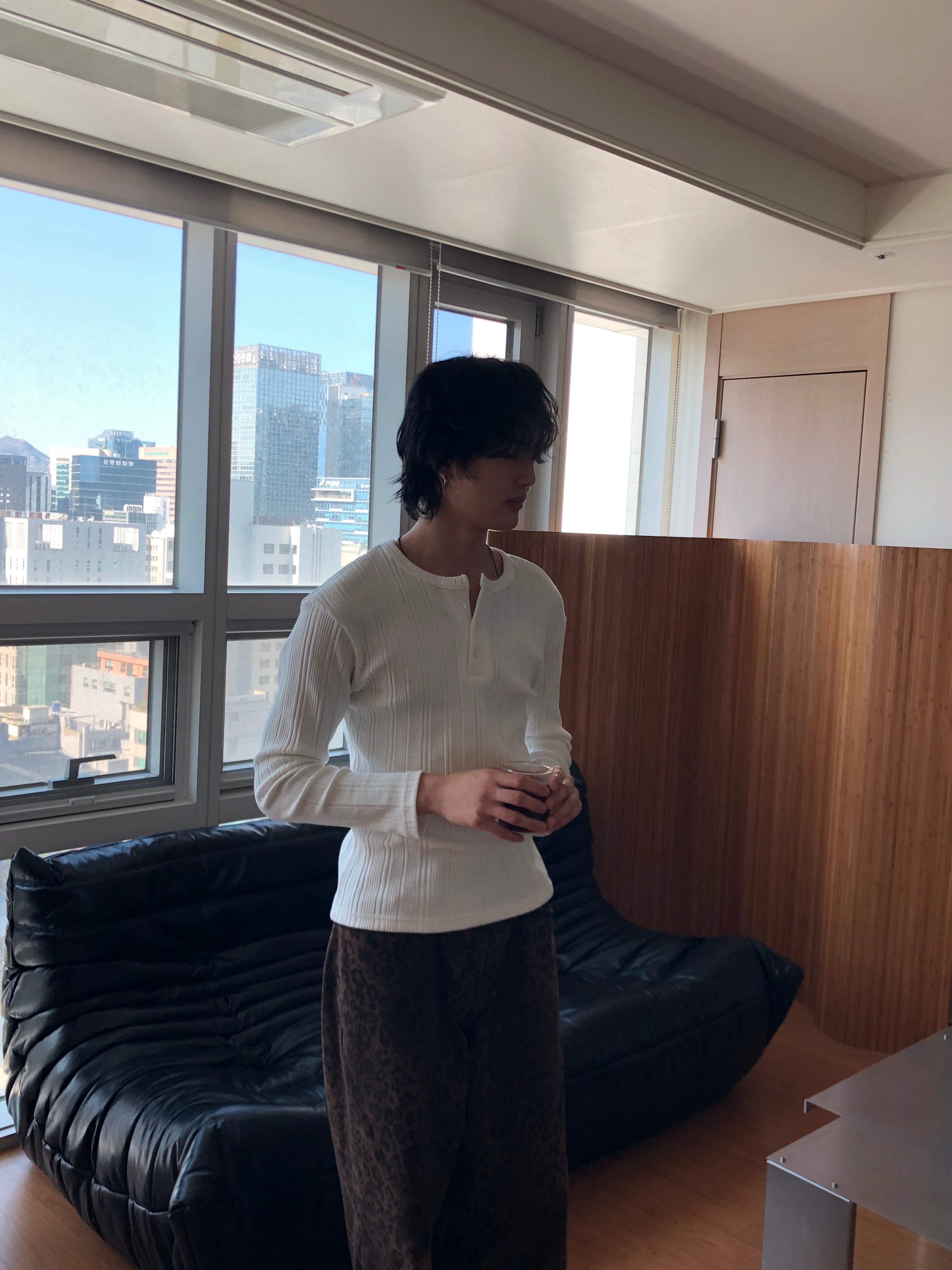 Slim Rib-Knit Henley Top(White)