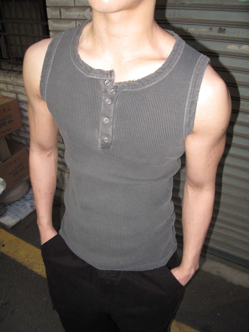 Pigment-Washed Ribbed Henley Tank Top
