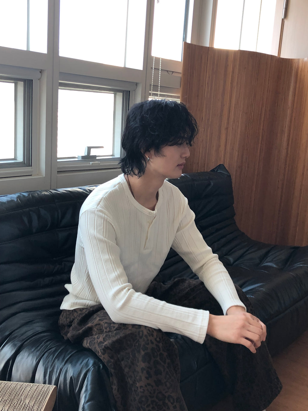 Slim Rib-Knit Henley Top(White)