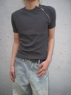 Side-Zip Ribbed Short Sleeve Knit Top