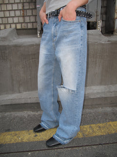 Distressed Knee-Cut Light-Wash Bootcut Jeans
