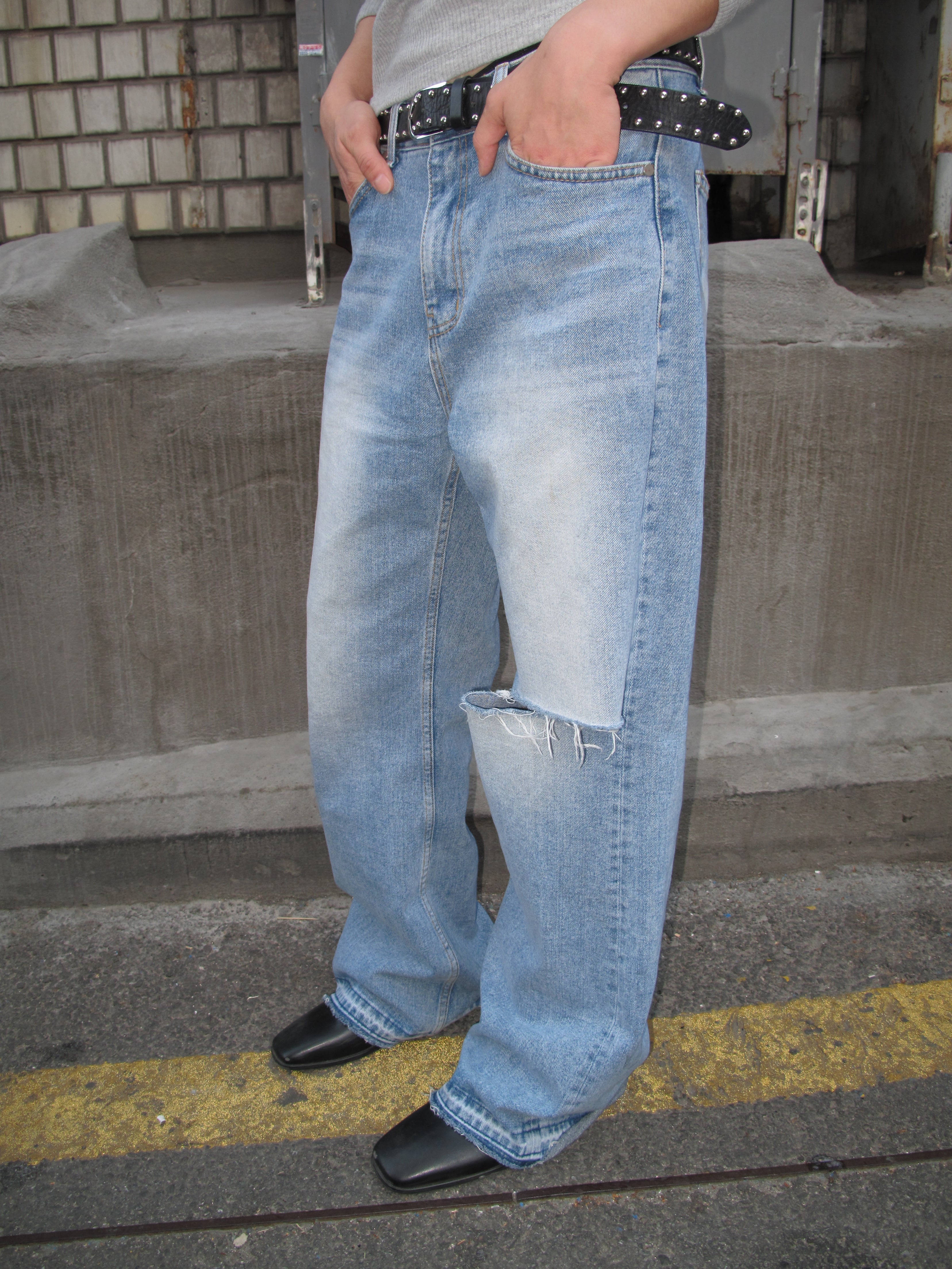 Distressed Knee-Cut Light-Wash Bootcut Jeans