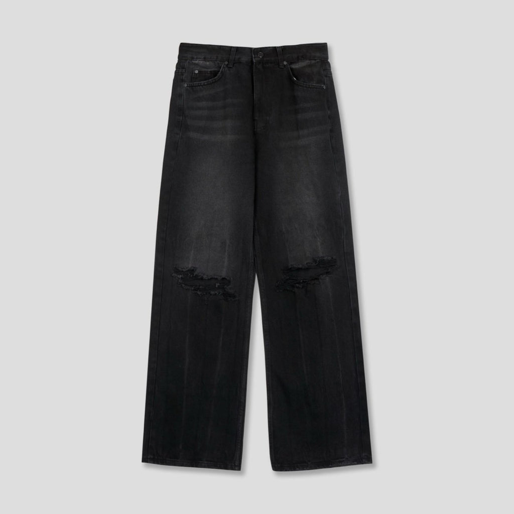Distressed Washed Black Wide-Flare Jeans