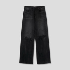 Distressed Washed Black Wide-Flare Jeans