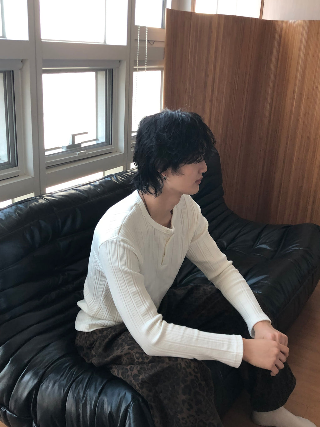 Slim Rib-Knit Henley Top(White)