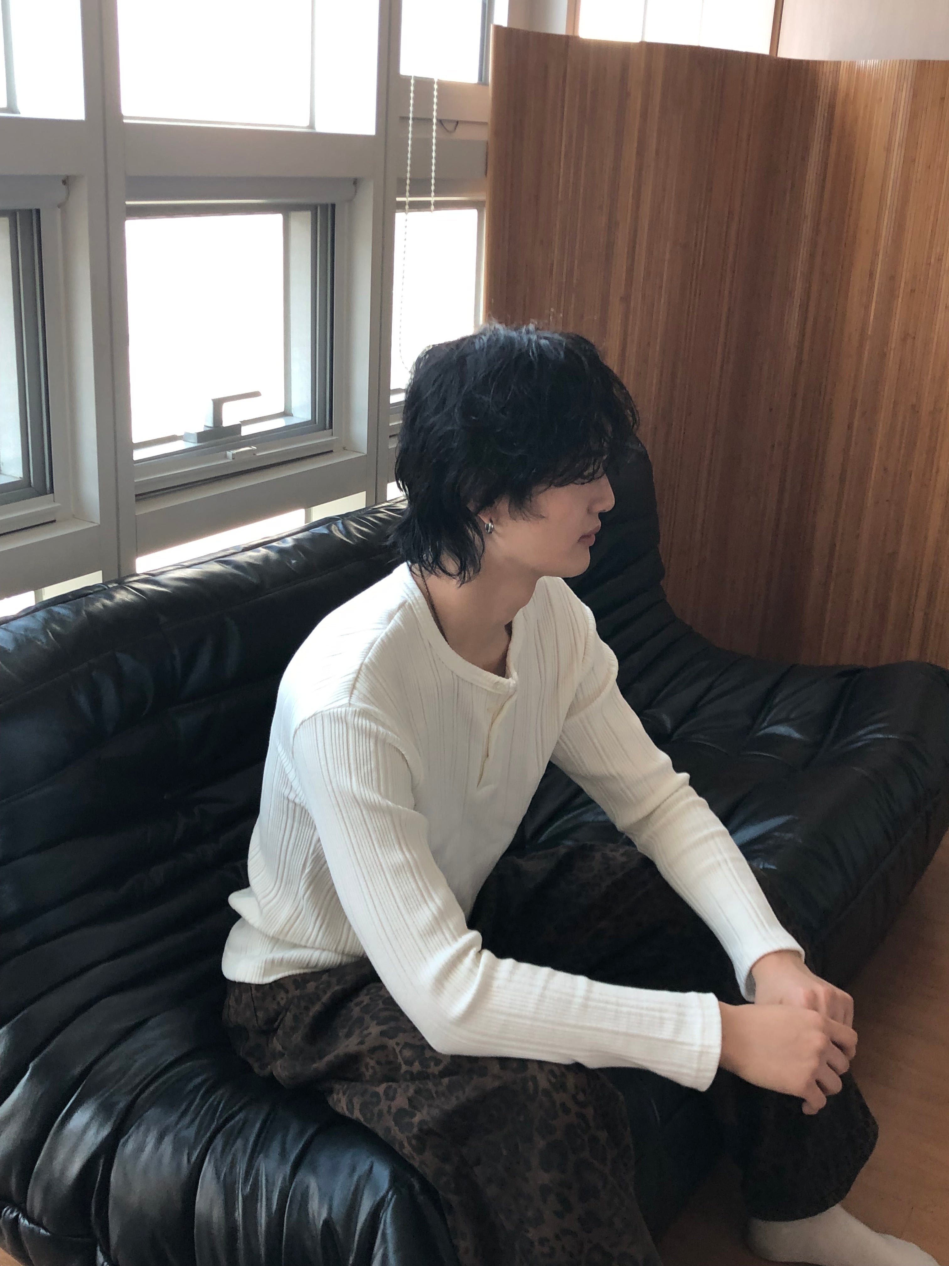 Slim Rib-Knit Henley Top(White)