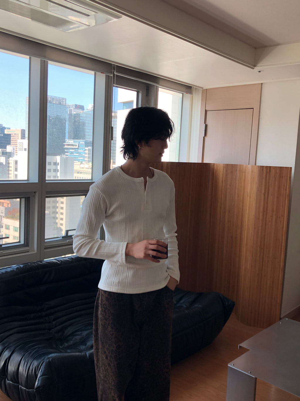 Slim Rib-Knit Henley Top(White)