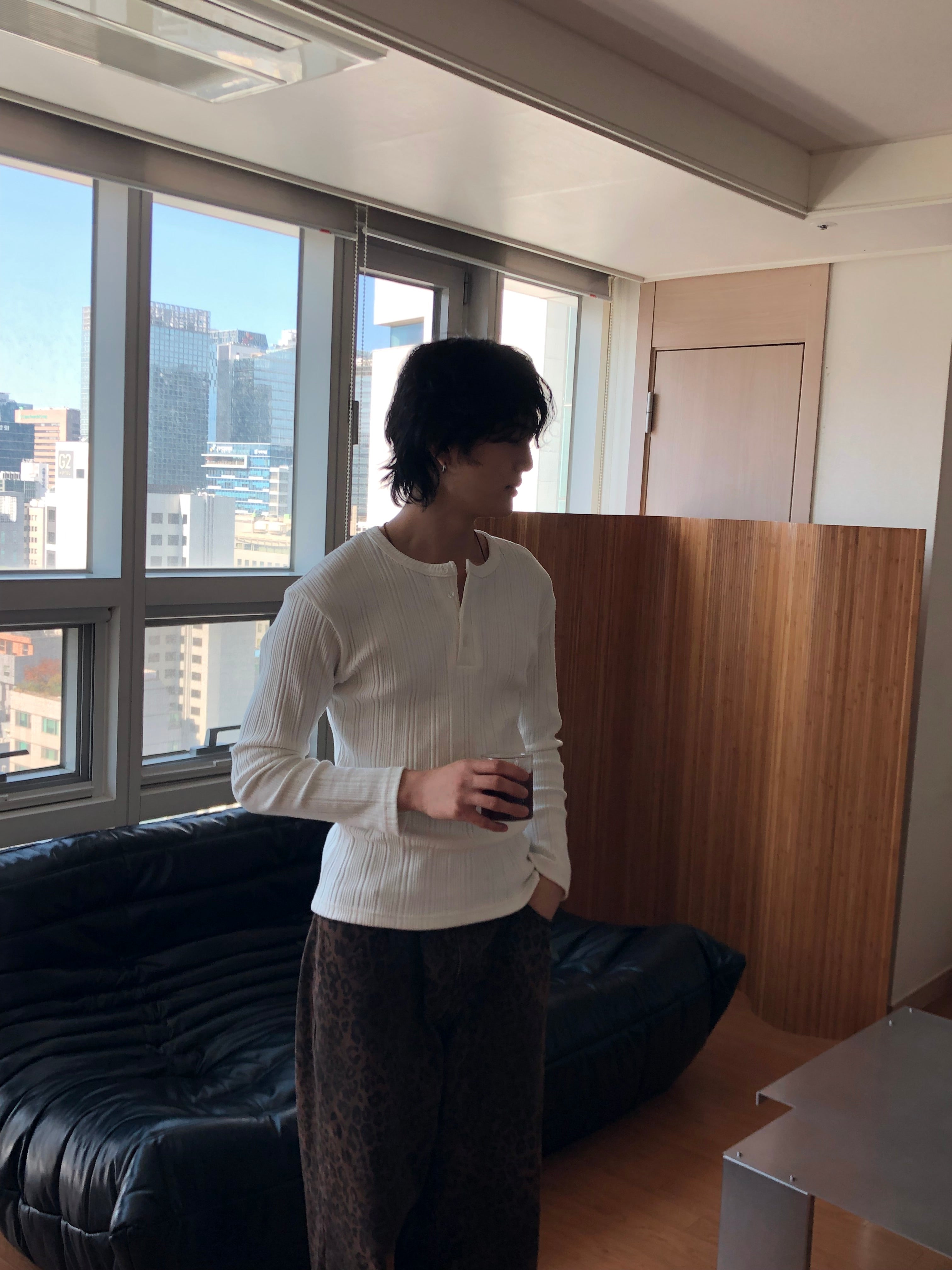 Slim Rib-Knit Henley Top(White)