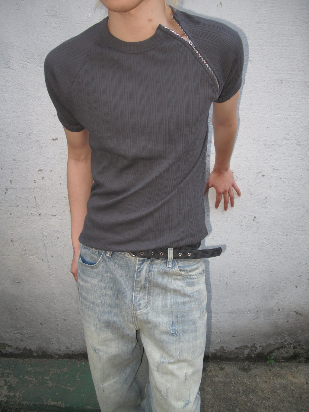 Side-Zip Ribbed Short Sleeve Knit Top