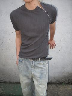 Side-Zip Ribbed Short Sleeve Knit Top