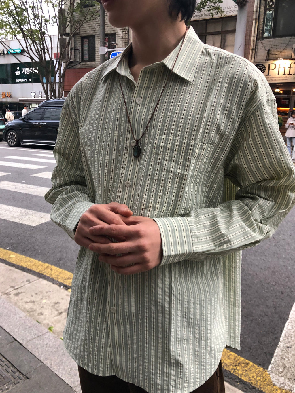 Taupe Seersucker Stripe Shirt