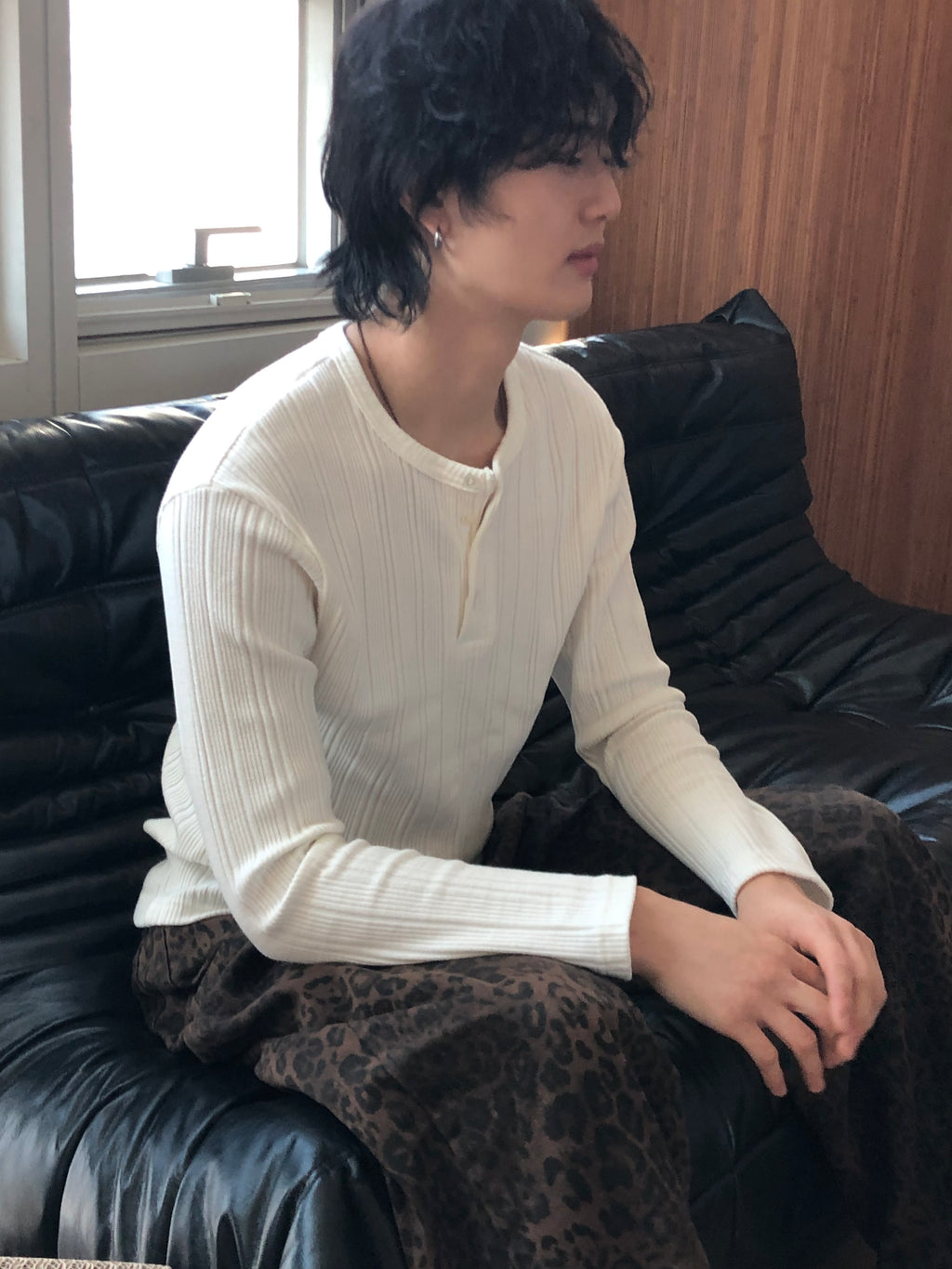 Slim Rib-Knit Henley Top(White)