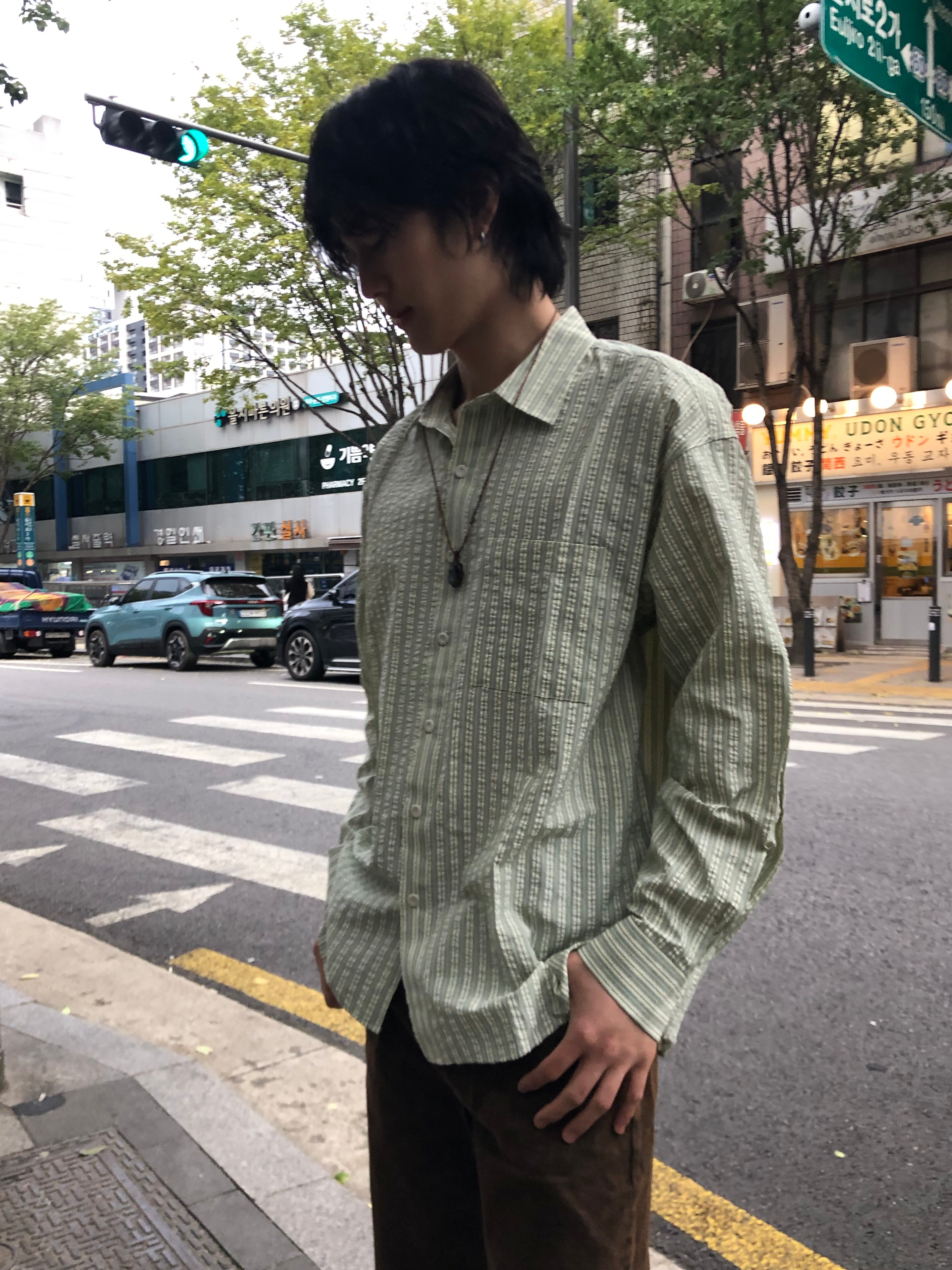 Taupe Seersucker Stripe Shirt