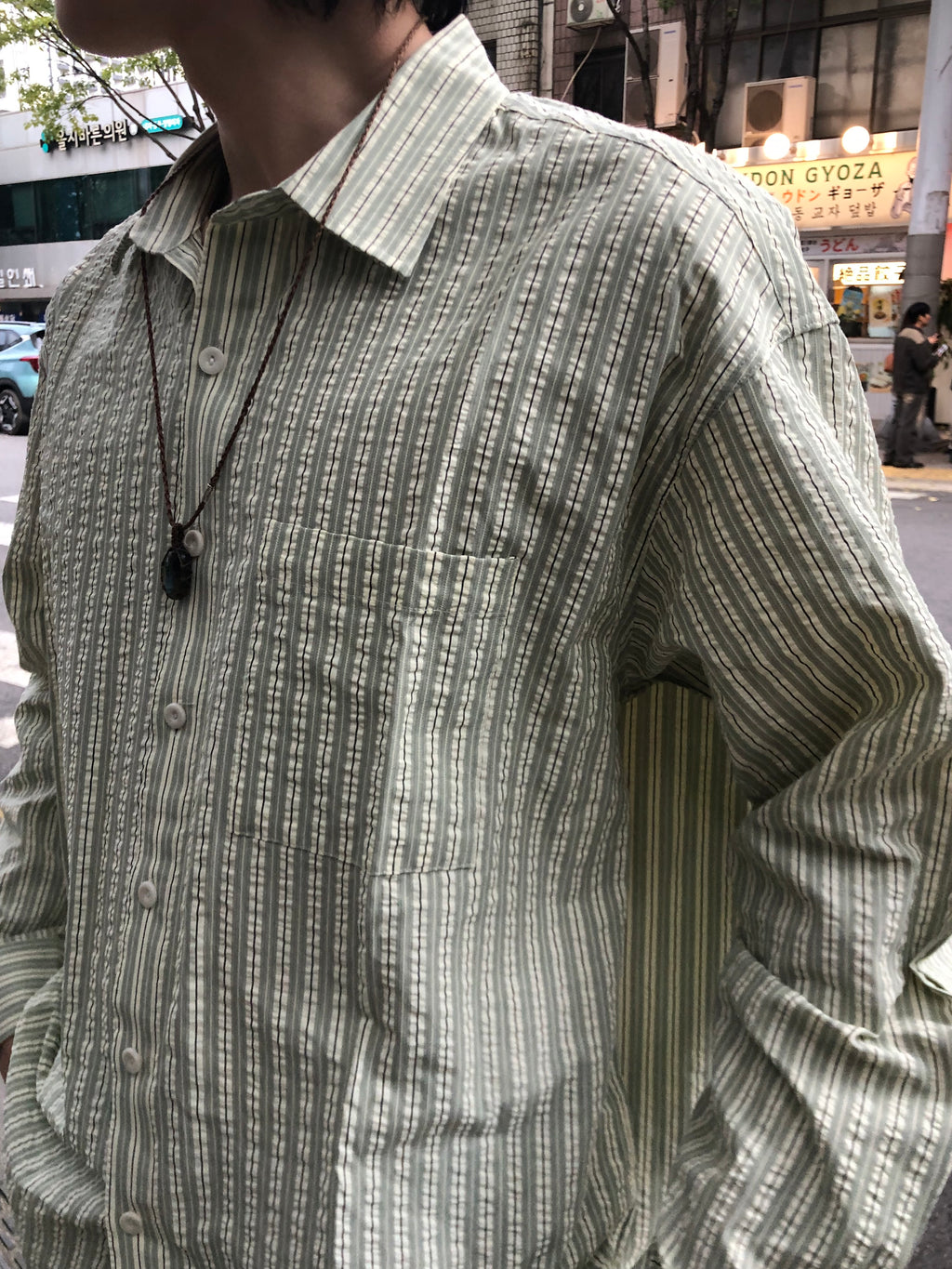 Taupe Seersucker Stripe Shirt