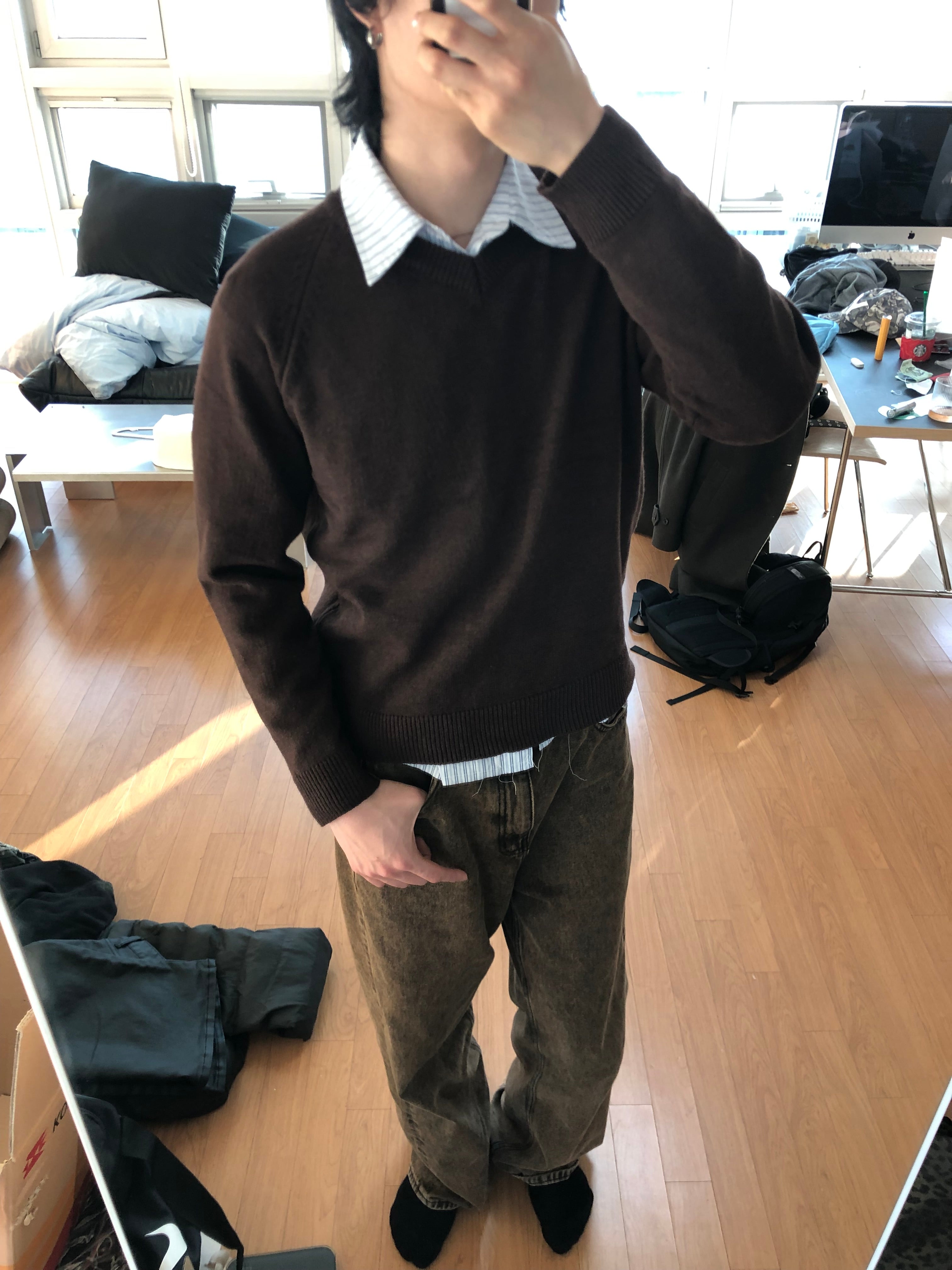 Brown Vintage Wash Wide Denim Pants