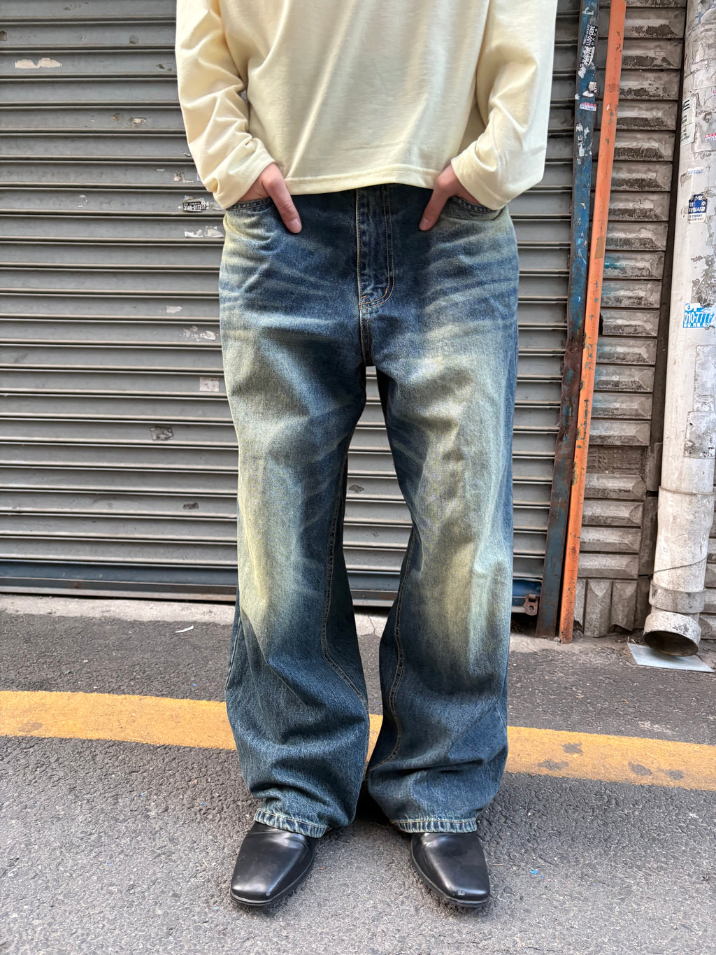 Washed Wide-Leg Denim Pants