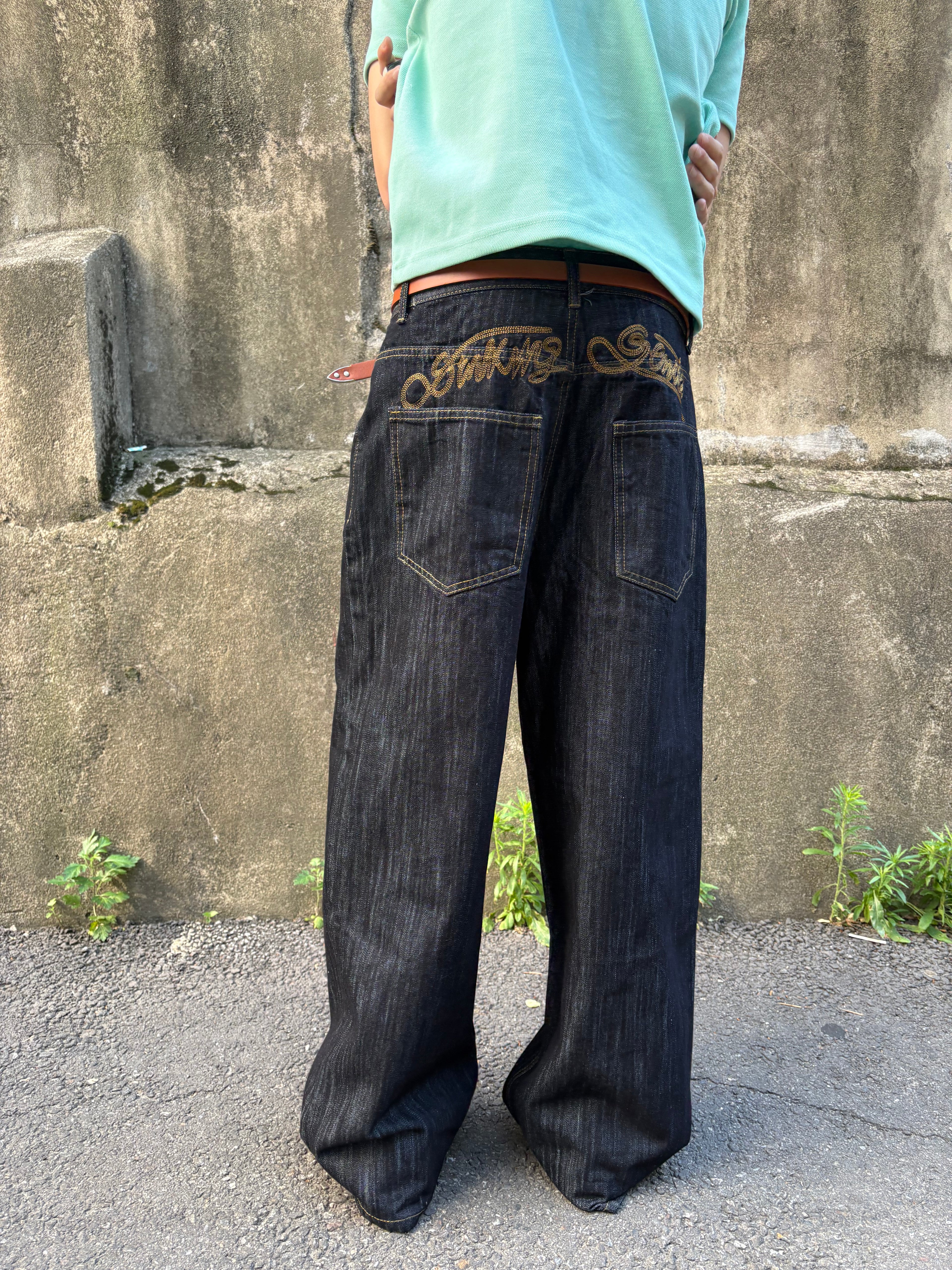Script-Embroidered Selvedge Jeans