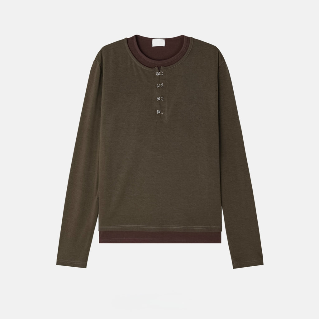 Buckle-Detail Layered Long Sleeve Top
