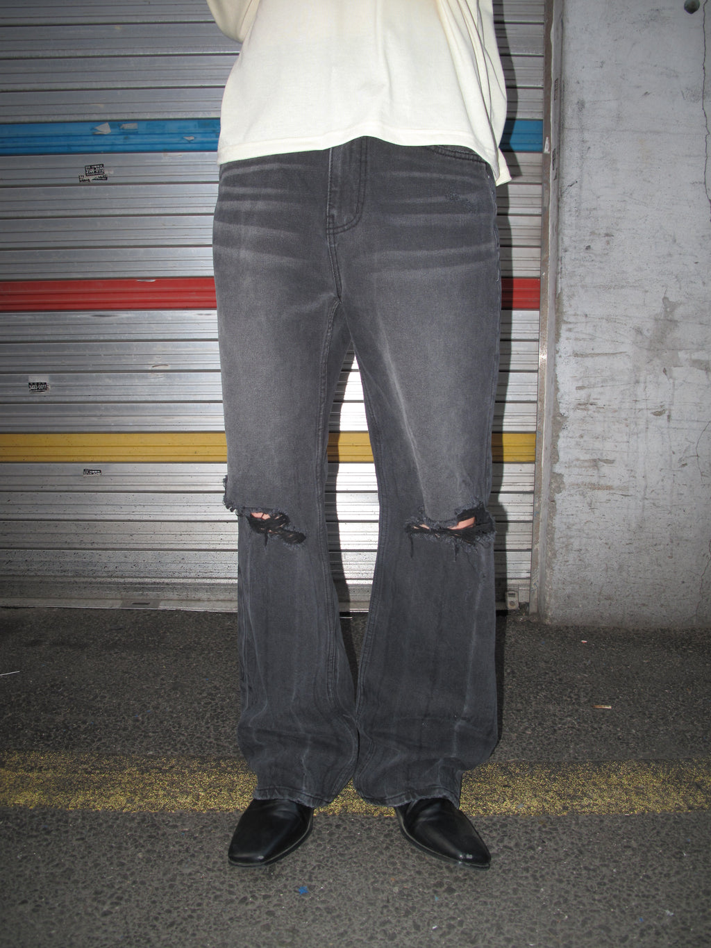 Distressed Washed Black Wide-Flare Jeans