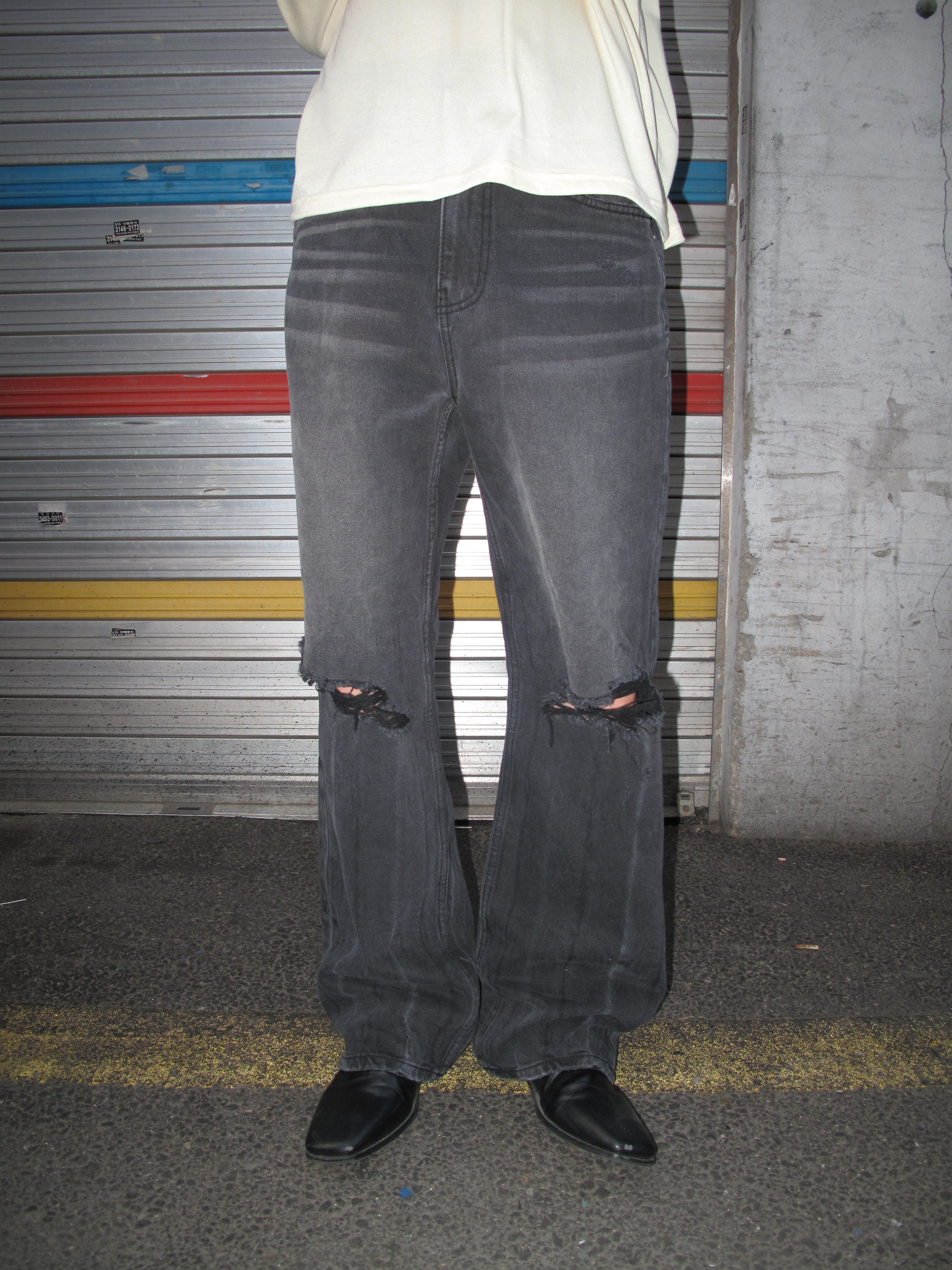 Distressed Washed Black Wide-Flare Jeans