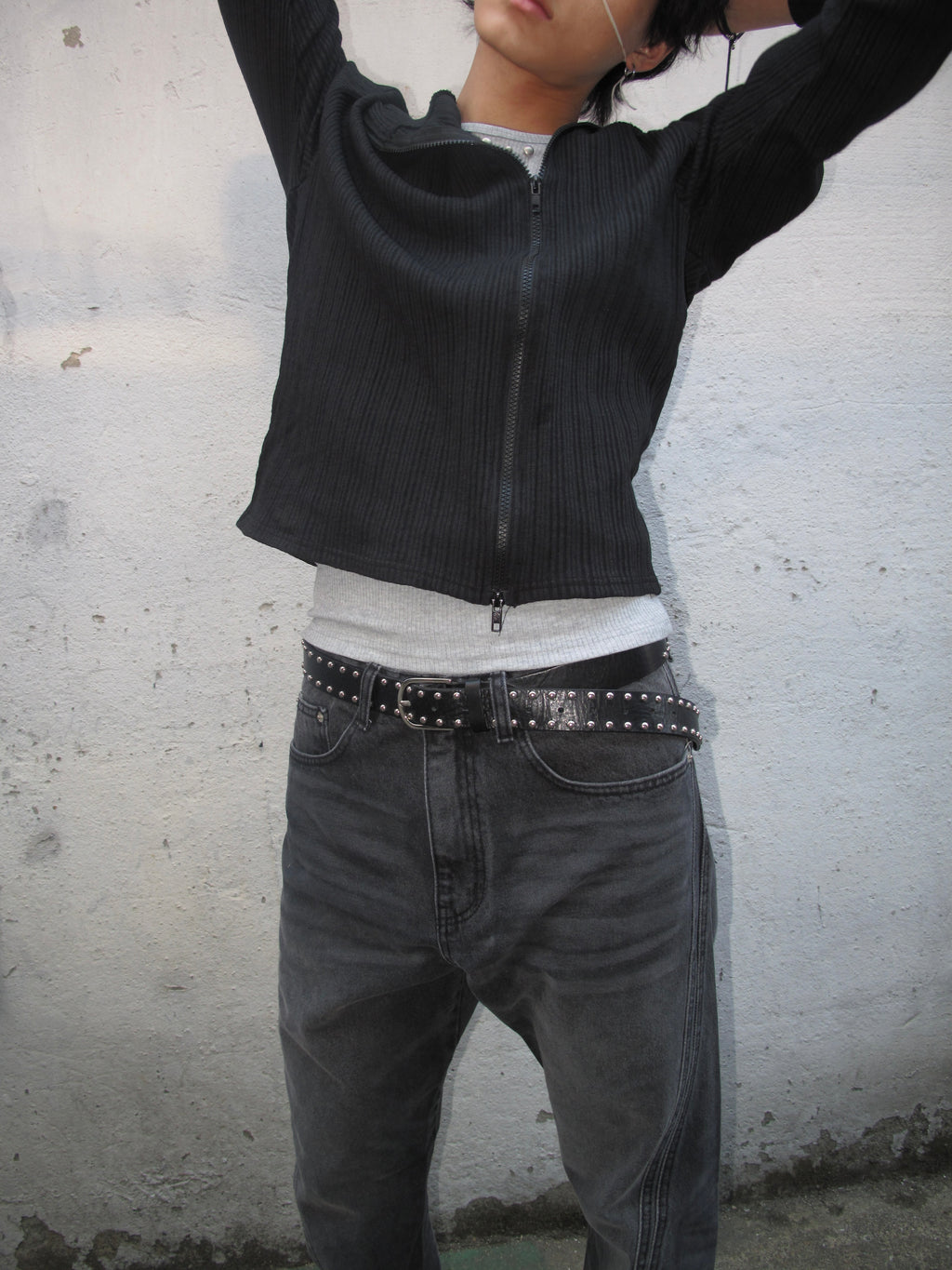 Ribbed Mock-Neck Zip Knit Top