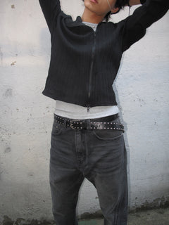 Ribbed Mock-Neck Zip Knit Top