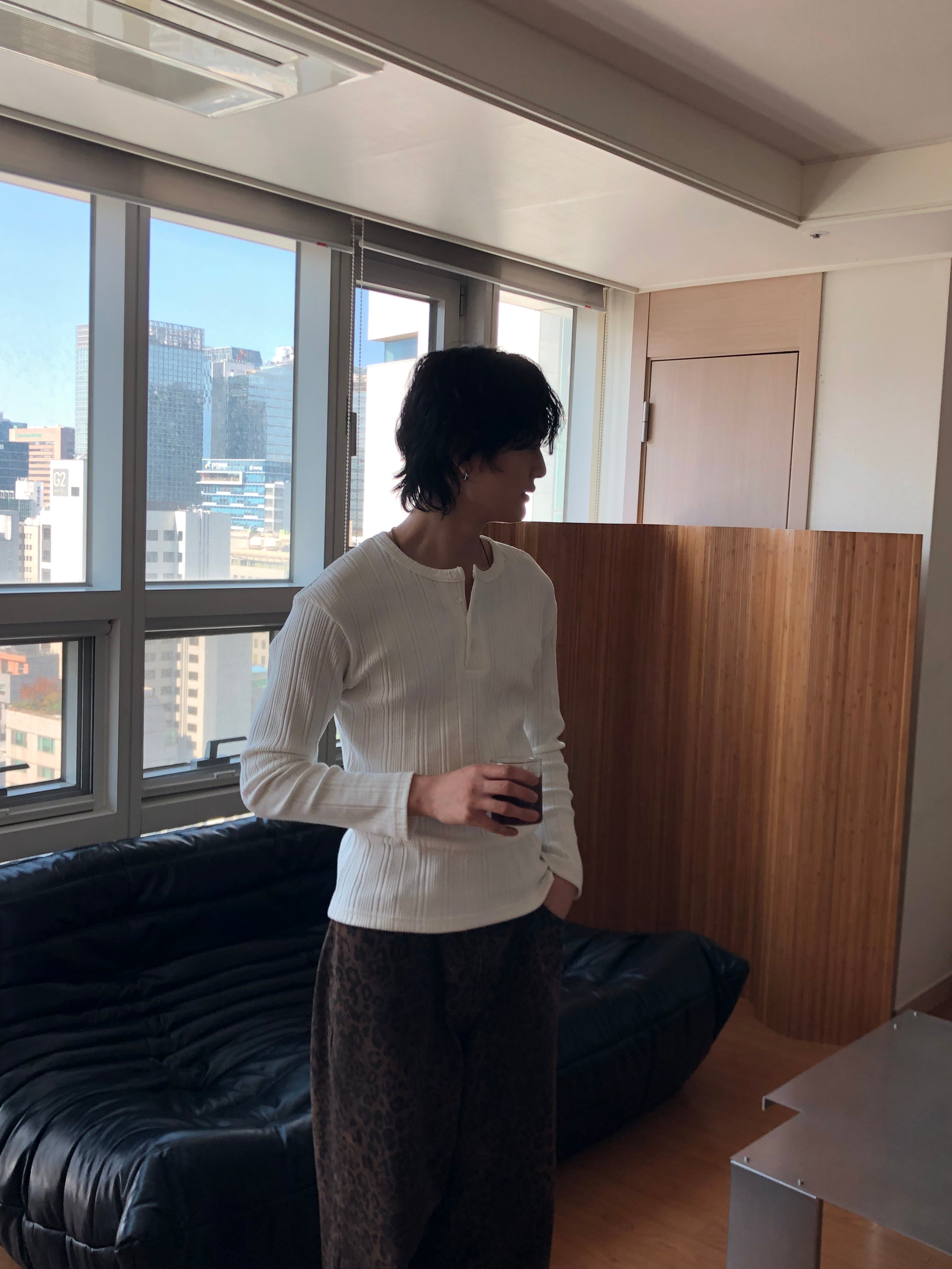 Slim Rib-Knit Henley Top(White)