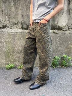Washed Leopard Wide Cotton Pants