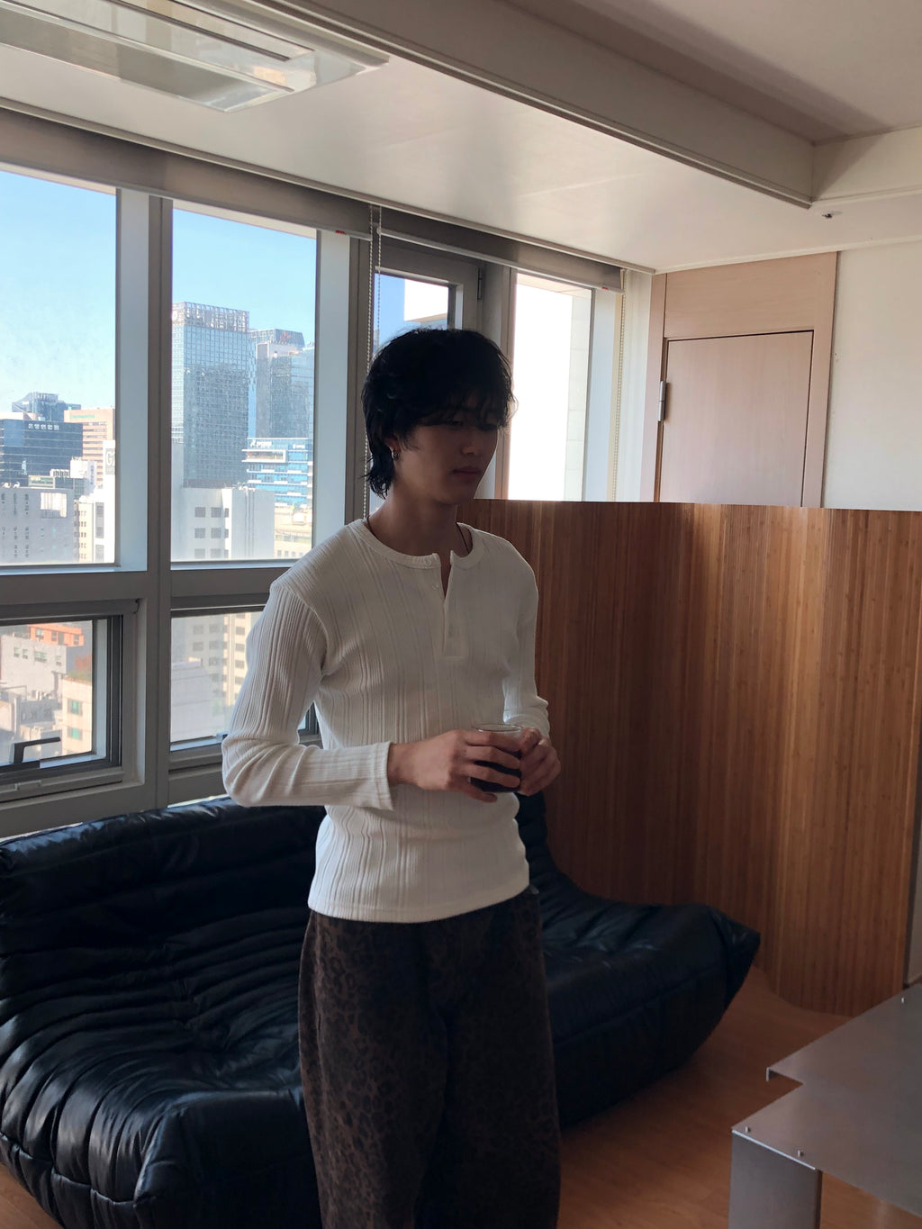 Slim Rib-Knit Henley Top(White)