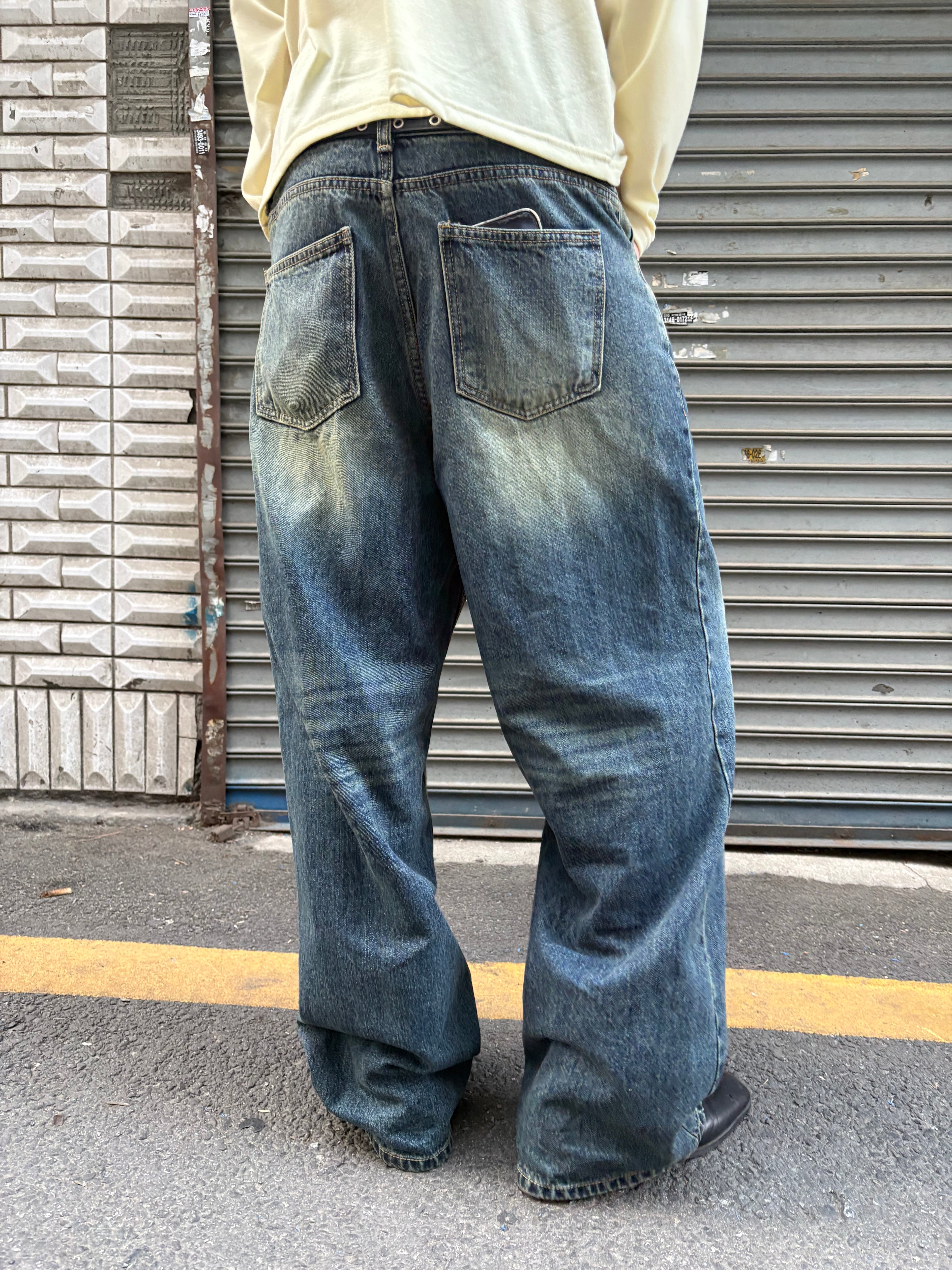 Washed Wide-Leg Denim Pants
