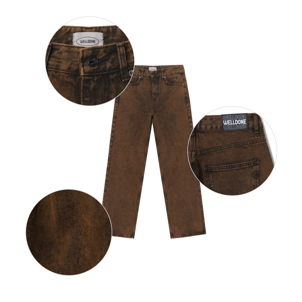 Brown Vintage Wash Wide Denim Pants