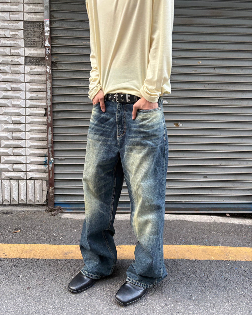 Washed Wide-Leg Denim Pants