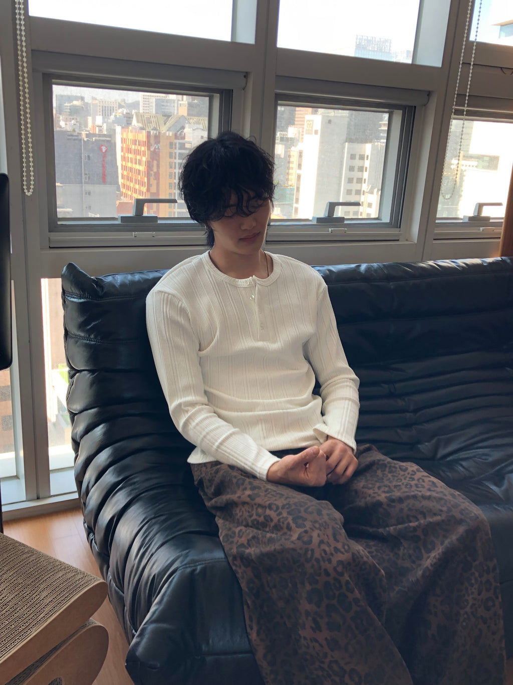 Slim Rib-Knit Henley Top(White)