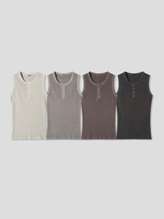 Pigment-Washed Ribbed Henley Tank Top