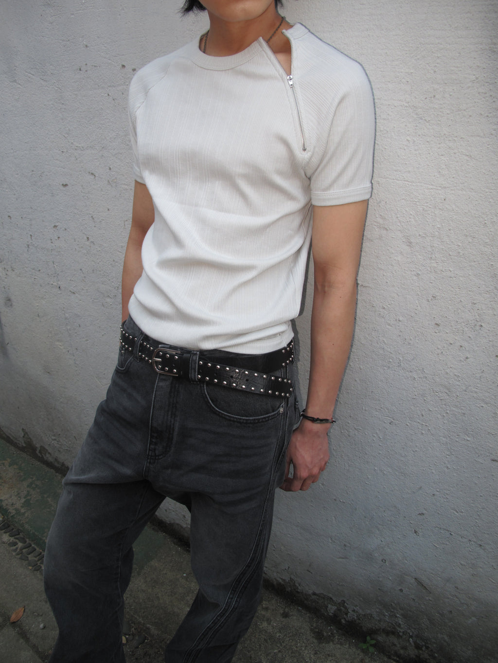 Side-Zip Ribbed Short Sleeve Knit Top