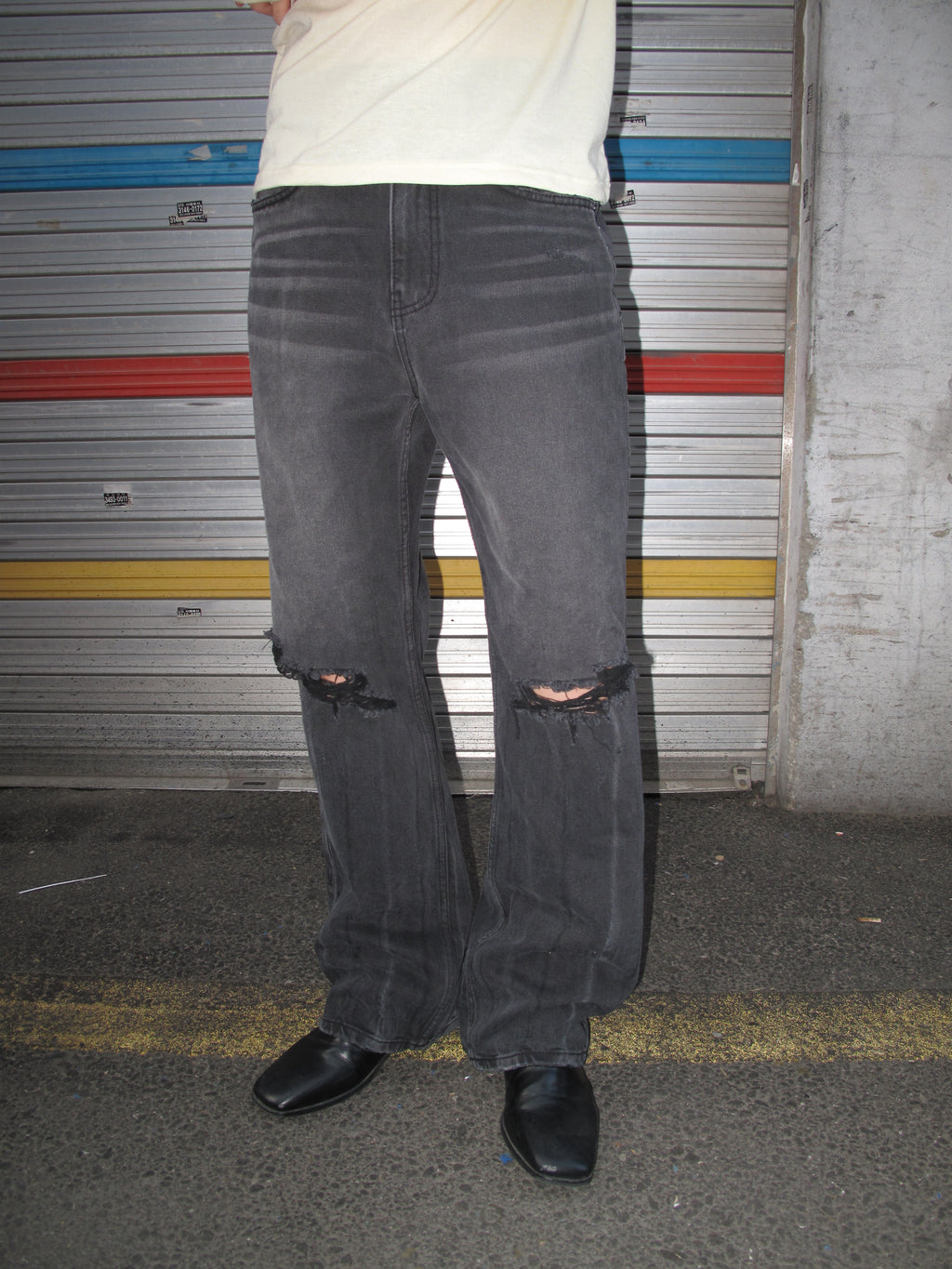 Distressed Washed Black Wide-Flare Jeans