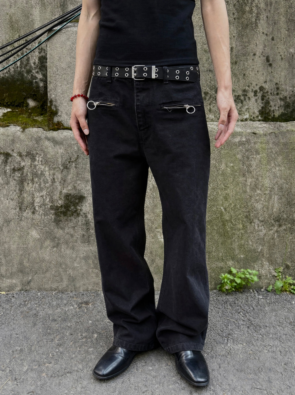 Ring-Zip Black Wide Denim Pants