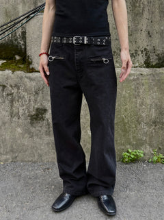 Ring-Zip Black Wide Denim Pants