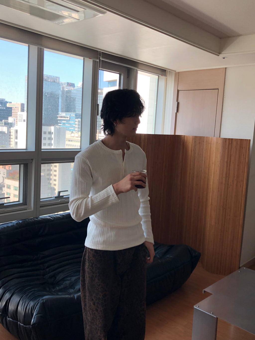 Slim Rib-Knit Henley Top(White)