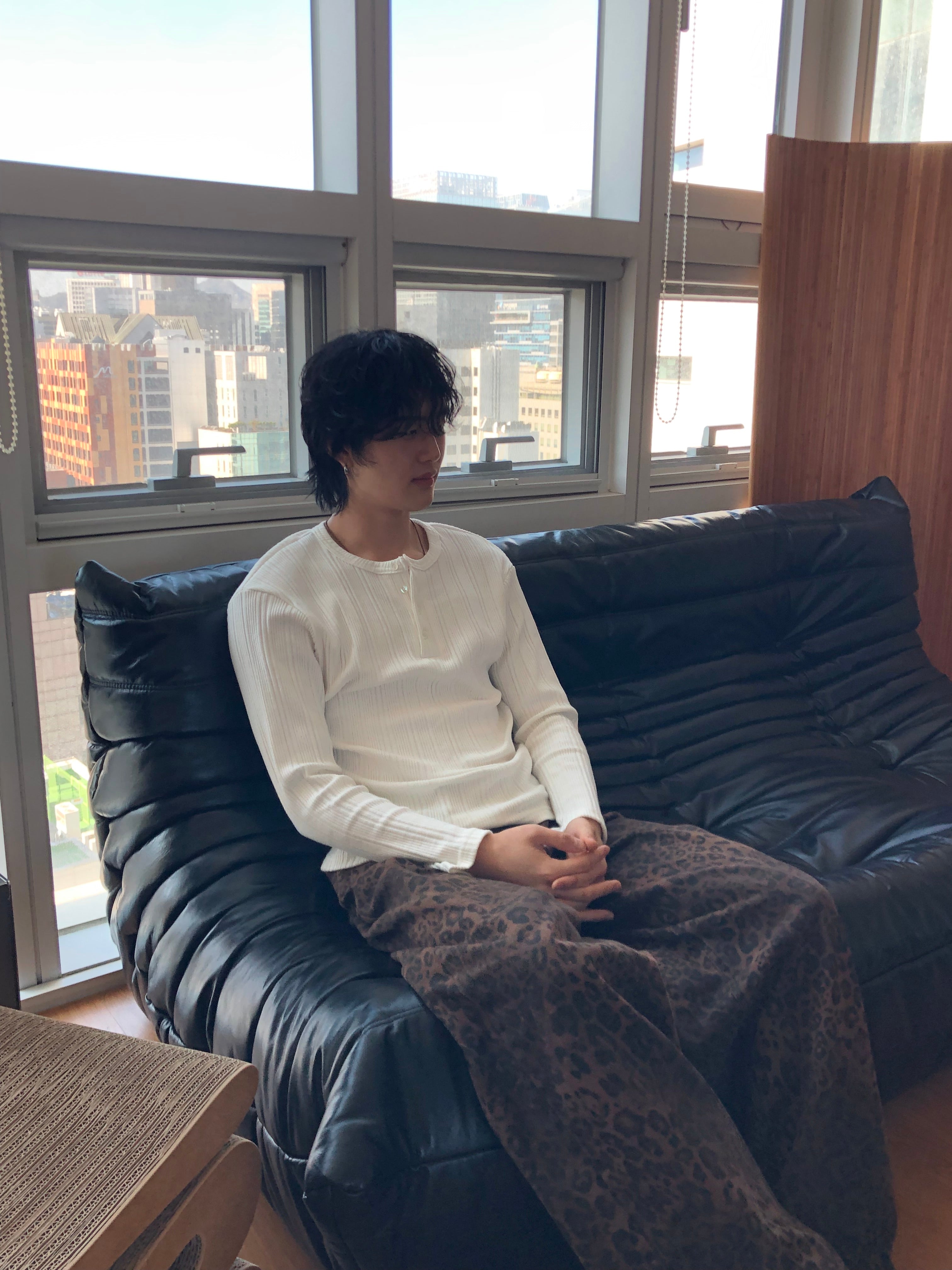 Slim Rib-Knit Henley Top(White)