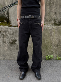 Ring-Zip Black Wide Denim Pants