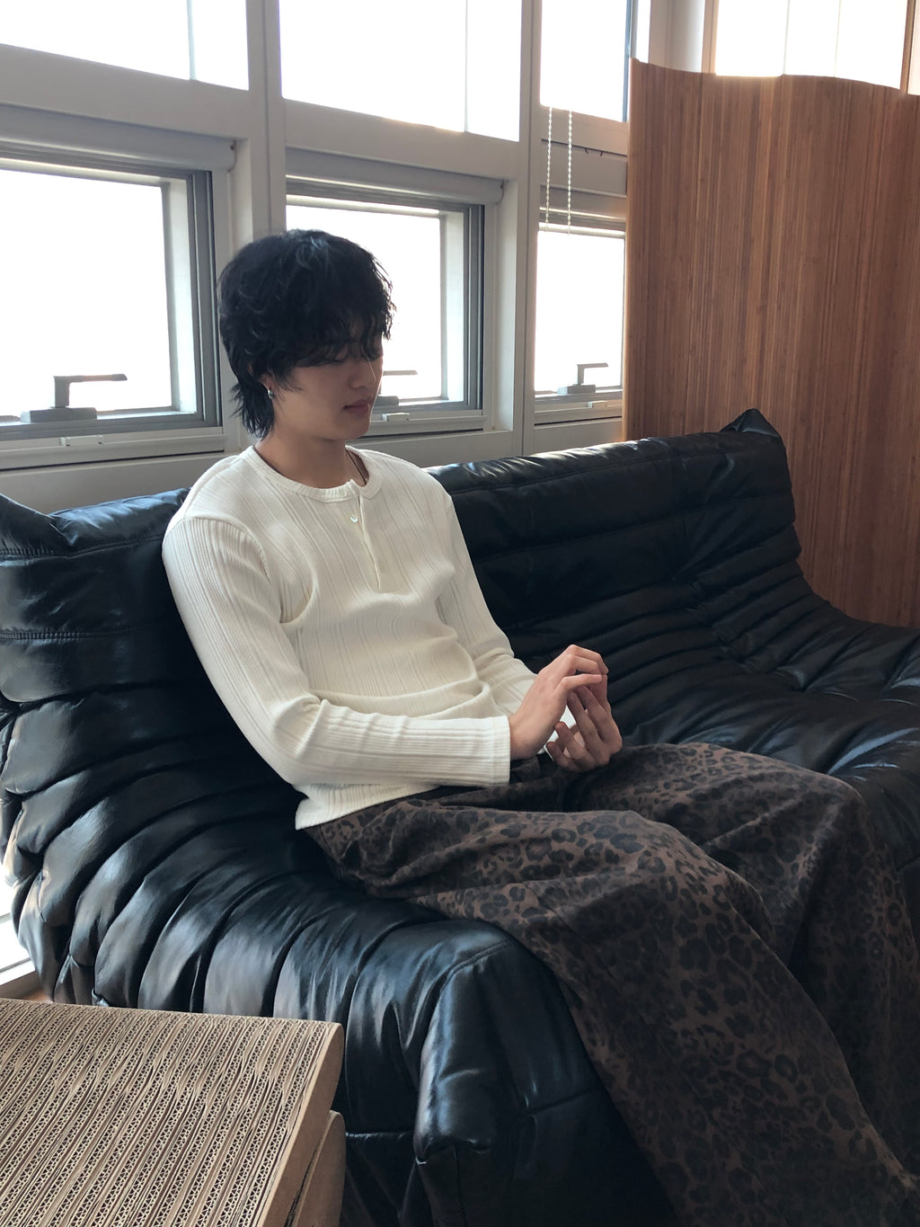 Slim Rib-Knit Henley Top(White)