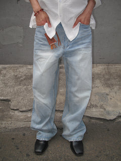 Washed Wide-Leg Denim Pants