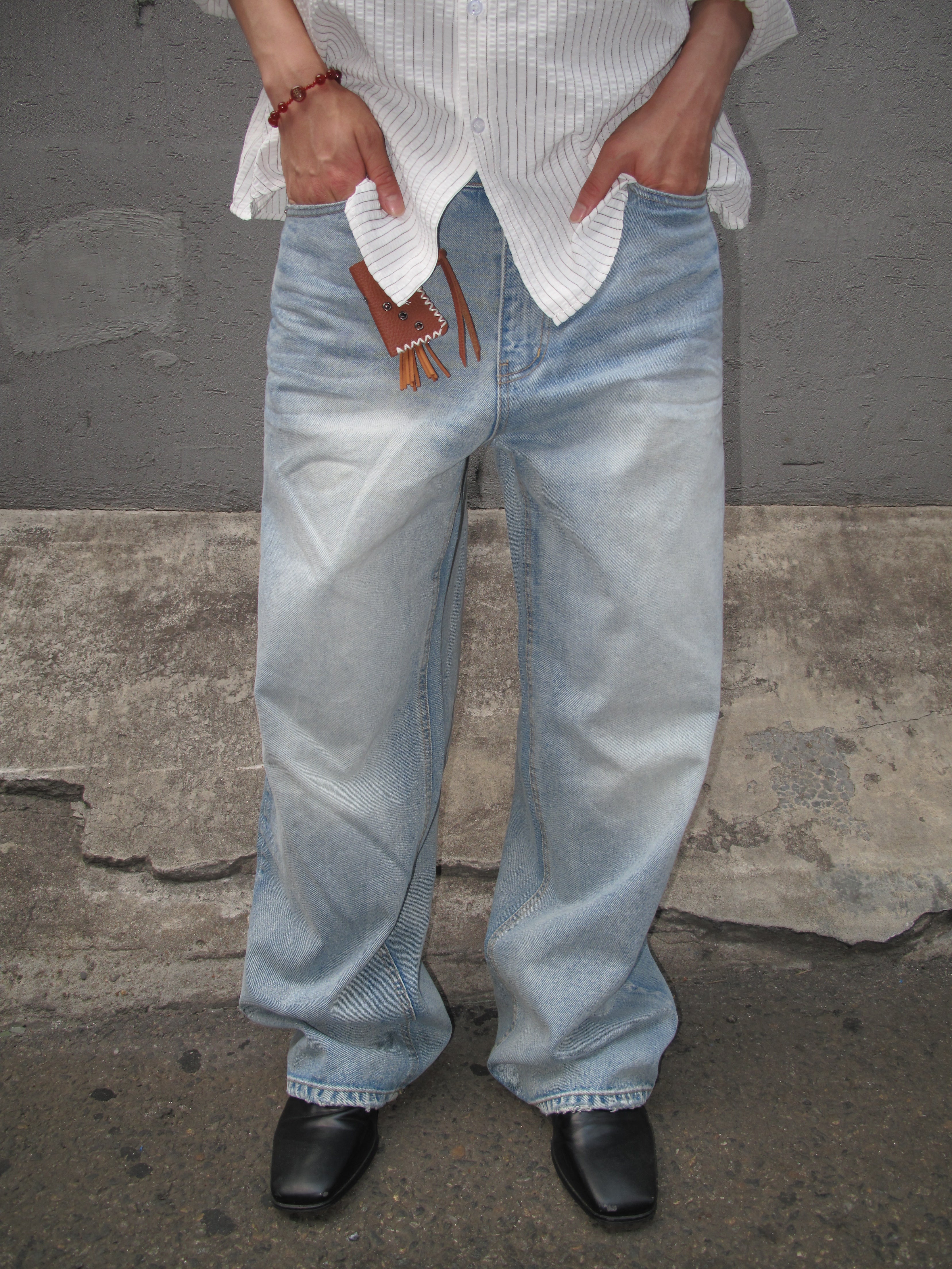 Washed Wide-Leg Denim Pants
