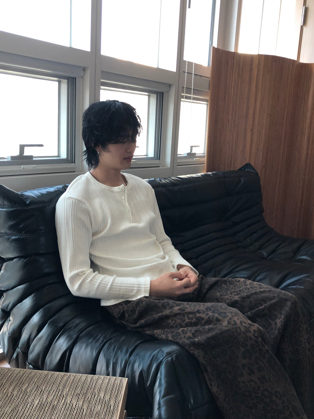 Slim Rib-Knit Henley Top(White)