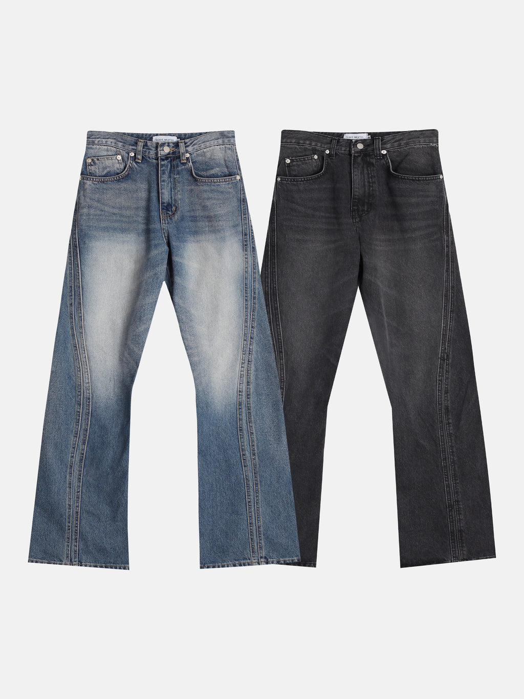 Curved-Seam Washed Flare Jeans