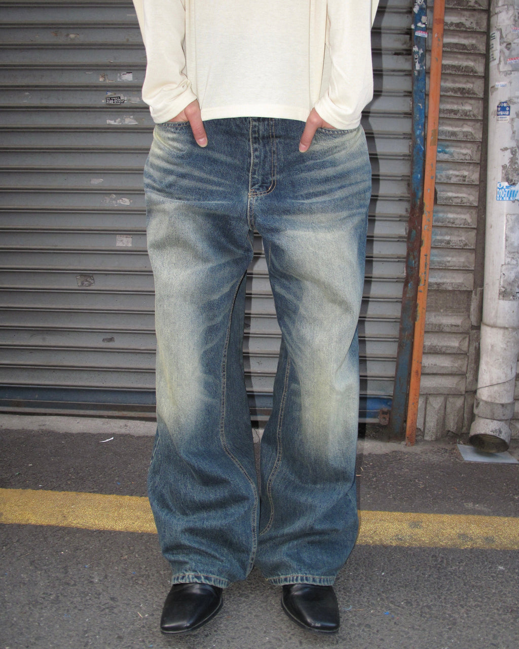 Washed Wide-Leg Denim Pants